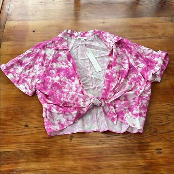 NWT For Love And Lemons $217  Pink and White Cuffed Sleeve Crop Top size M - Picture 4 of 6